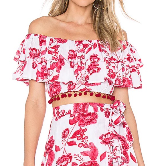 Revolve Lovers + Friends Alicia Ruffle Pom Pom Crop Top - Picture 1 of 8